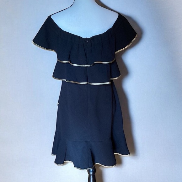 Wayf Dress Black Off Shoulder Gold Trim Layered Festive Party Dress - Picture 2 of 12